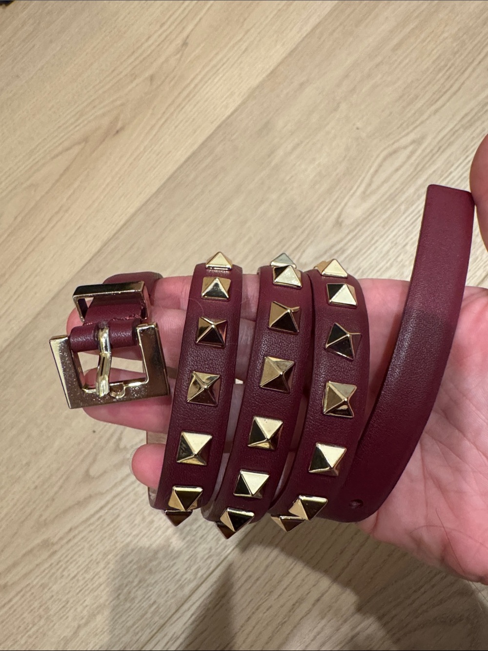 Valentino Burgundy Leather Stud Waist Belt with Gold Hardware